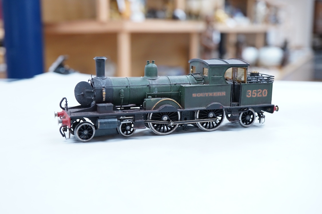 An EM gauge scratch built model railway locomotive by John Worsley, a Southern Railway Adams Radial 4-4-2T, 3520, a detailed model with opening smoke box door showing the details of the blast pipe and boiler tube ends, s